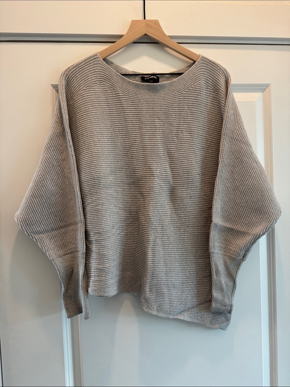 Express Light Gray Ribbed Knit Pullover Sweatshirt